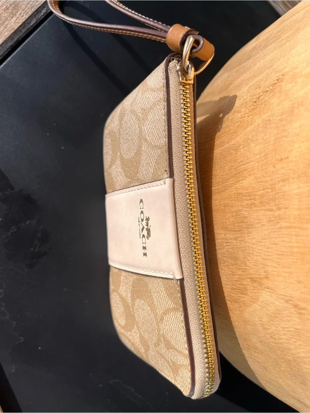 Coach Beige Signature Canvas Wristlet with Cream Center Panel